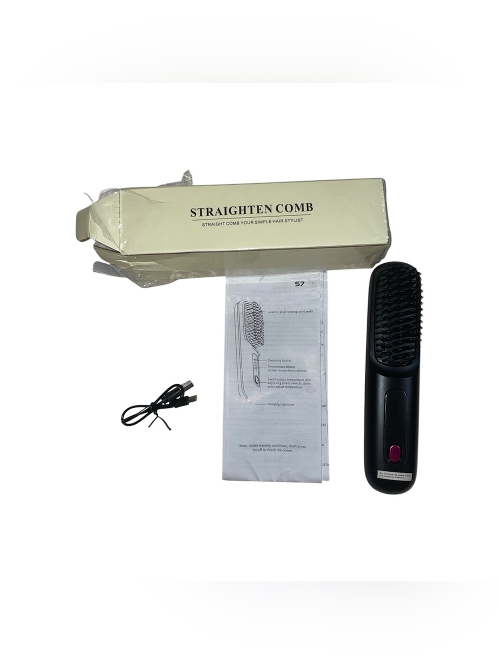 Black Electric Hair Straightener with Charging Cable, No USB Wall Adapter